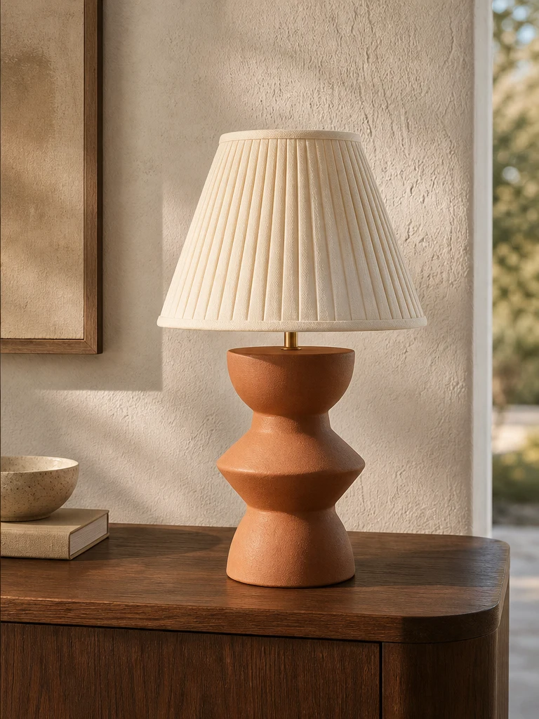 Sculptural terracotta lamp styled in a warm modern living room.