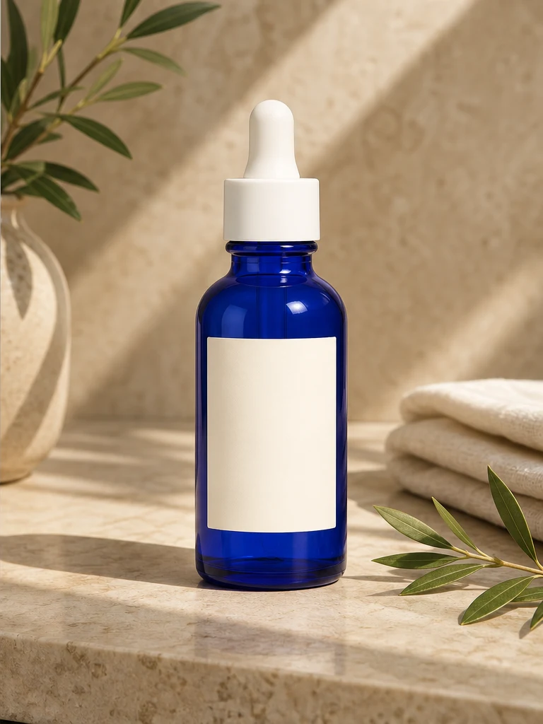 Cobalt-blue serum bottle in a warm skincare campaign scene.